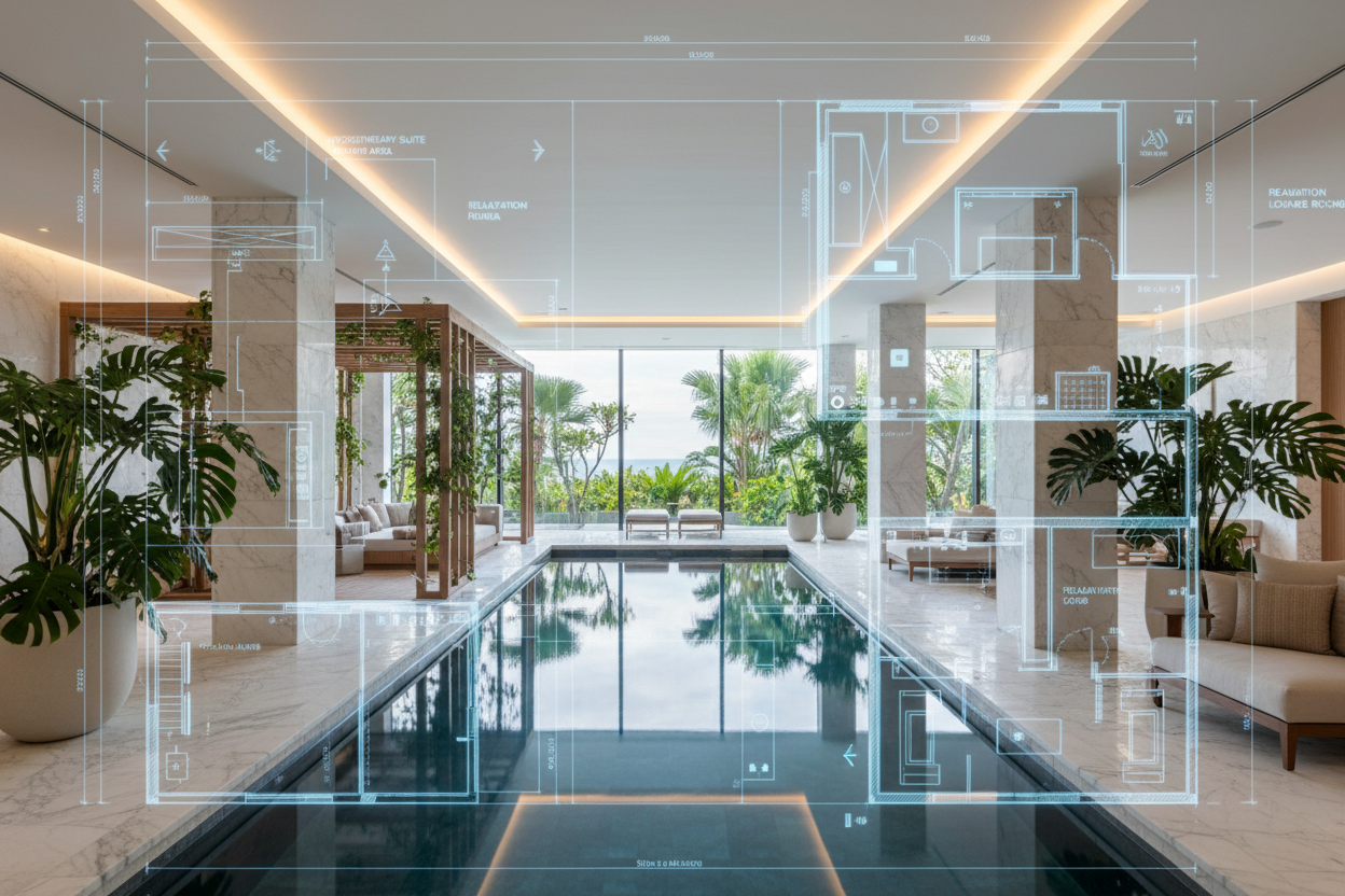 concepto y creación de spas de lujo, un plano arquitectonico sobrepuesto a la imagen de un spa muy lujoso terminado 